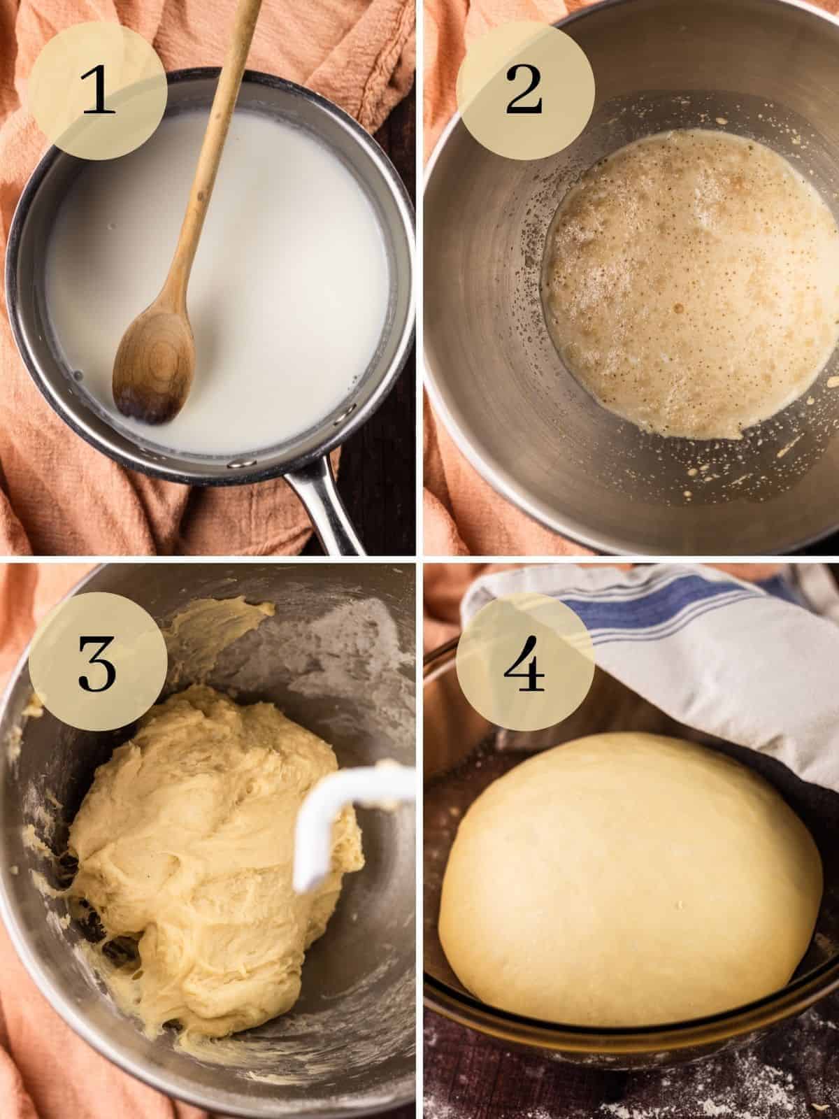 milk in a pot, foamy yeast mixture, dough in a mixing bowl, risen dough in a bowl