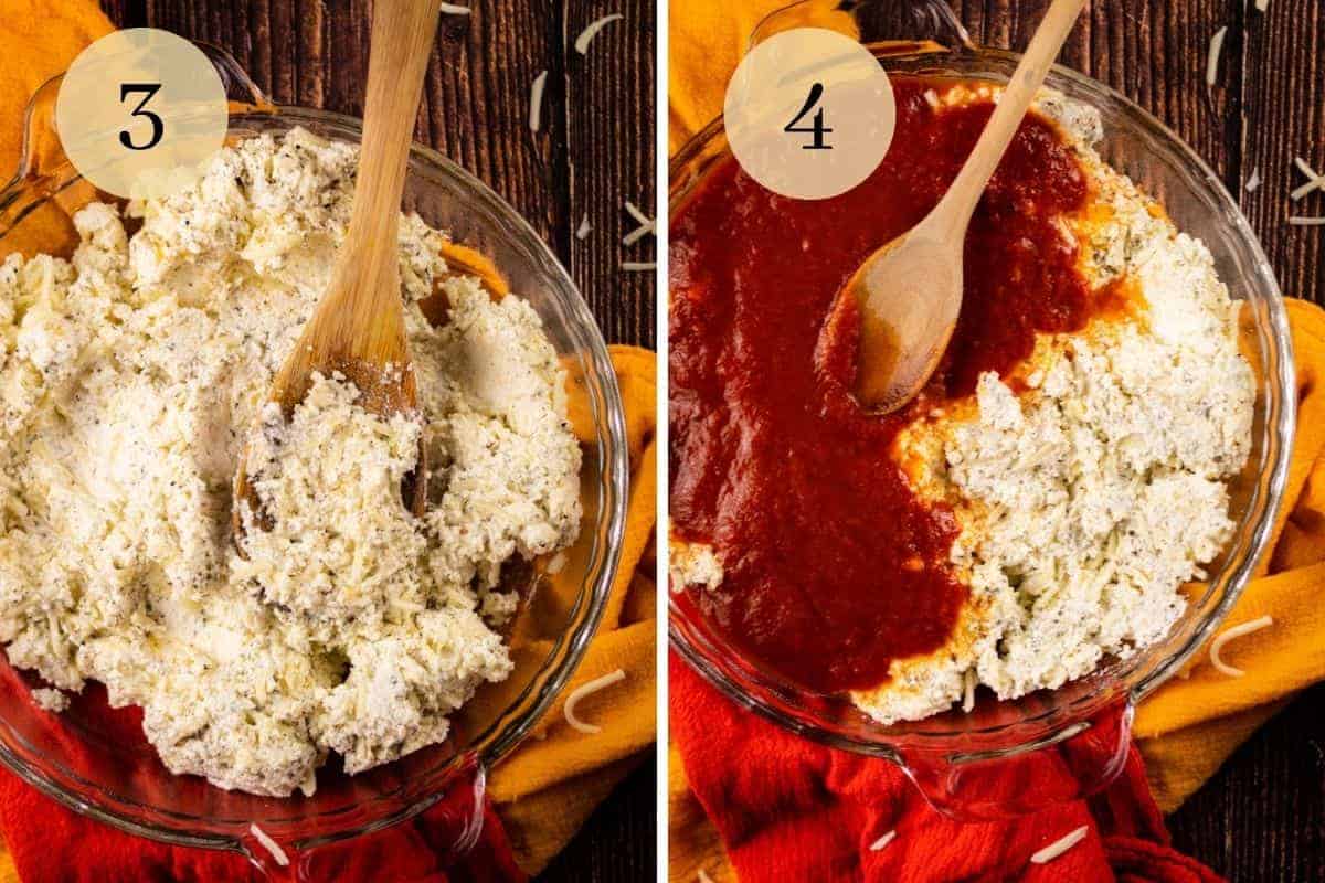 wooden spoon spreading cheese mixture in a dish and spreading marinara on top of cheese filling