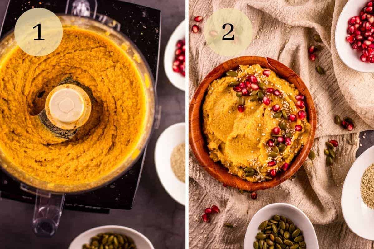 pumpkin hummus in a food processor and in a bowl with pomegranate seeds, pepitas and sesame seeds