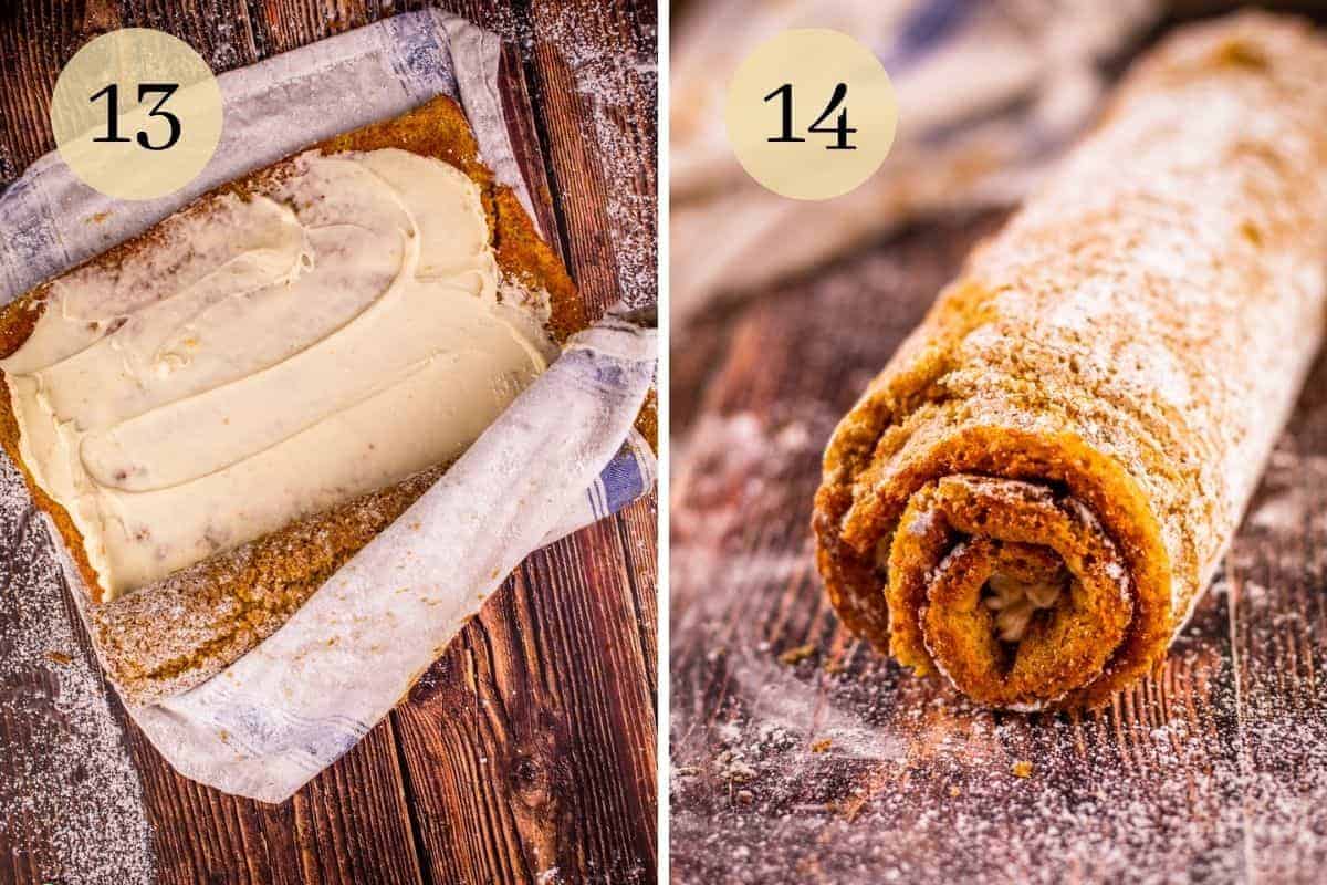rolling up pumpkin roll cake with a towel with filling inside and rolled up pumpkin cake
