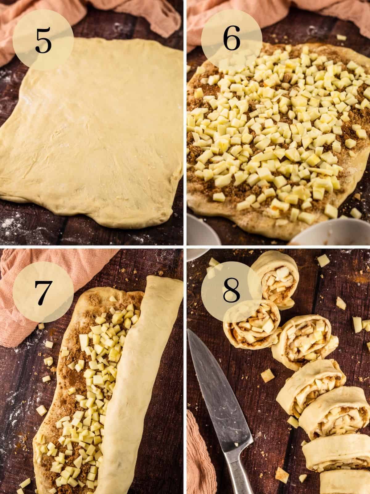 dough rolled and topped with apples, sugar and cinnamon, dough rolled up and cut into slices