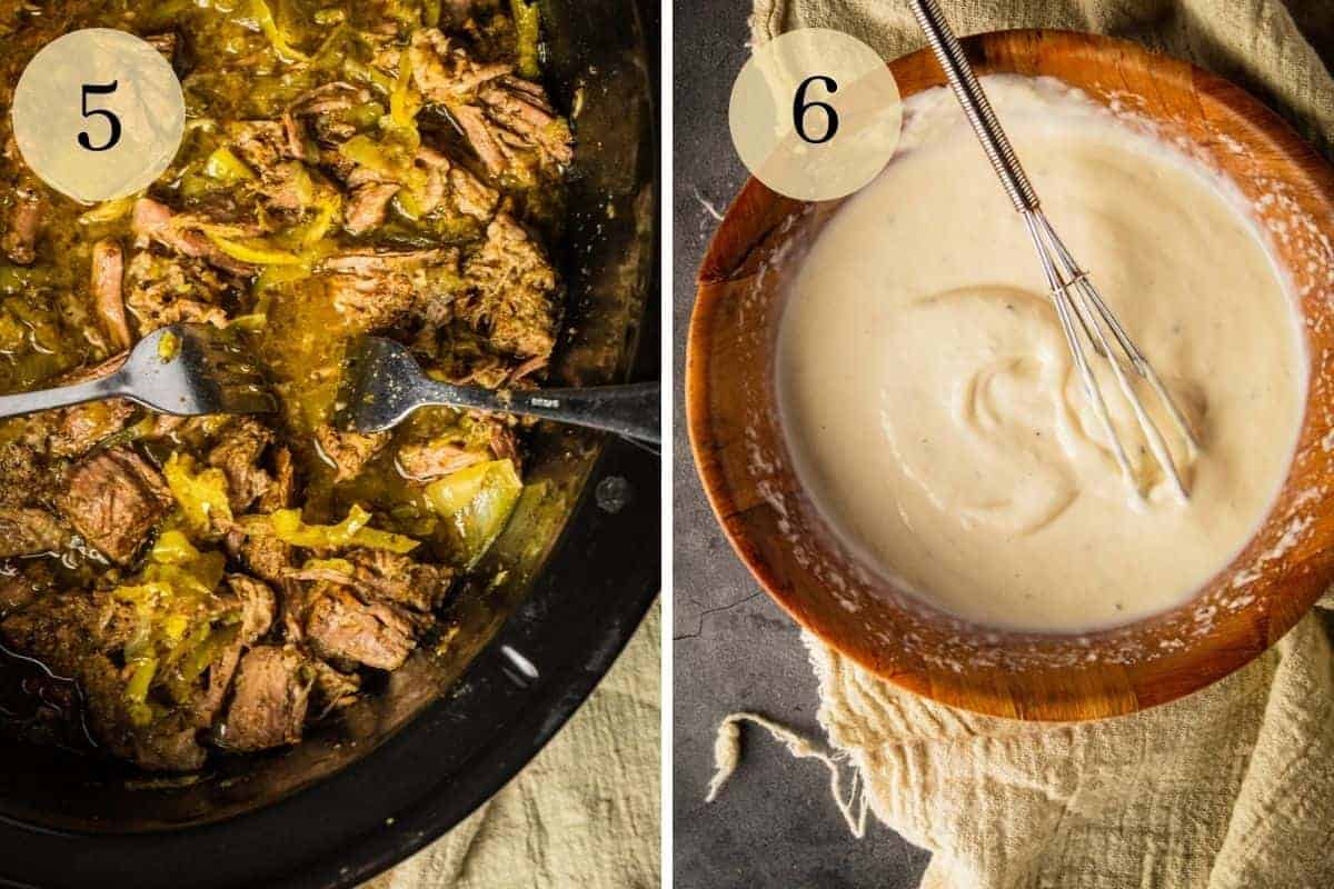 two forks in shredded beef in a slow cooker and bowl with whisk in horseradish sauce