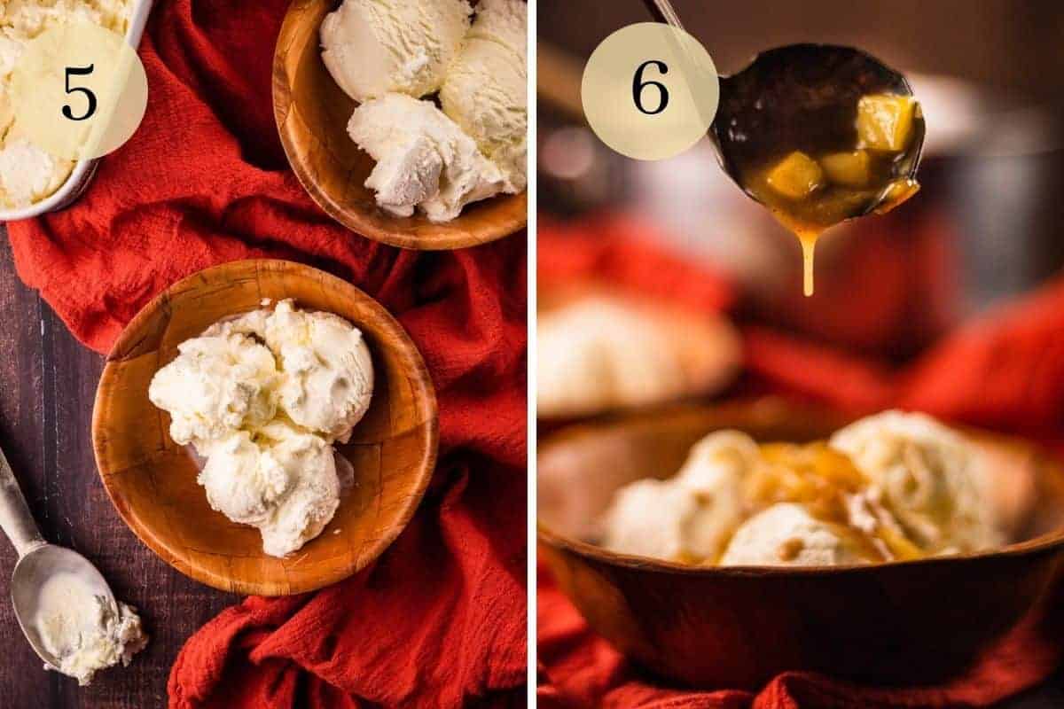 ice cream in two wooden bowls and small ladle dripping apple caramel sauce over ice cream