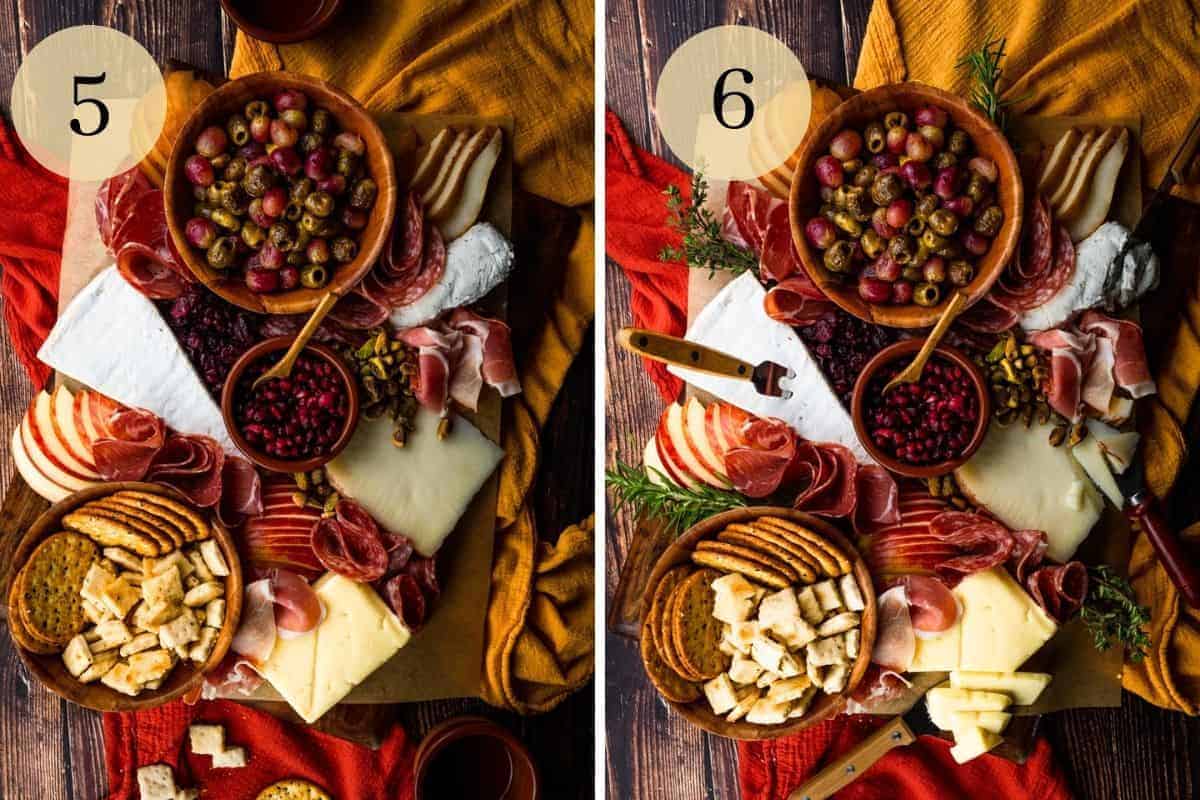 cheeses, meats, fruits, nuts, dried fruit and crackers on a board with cheese knives and forks
