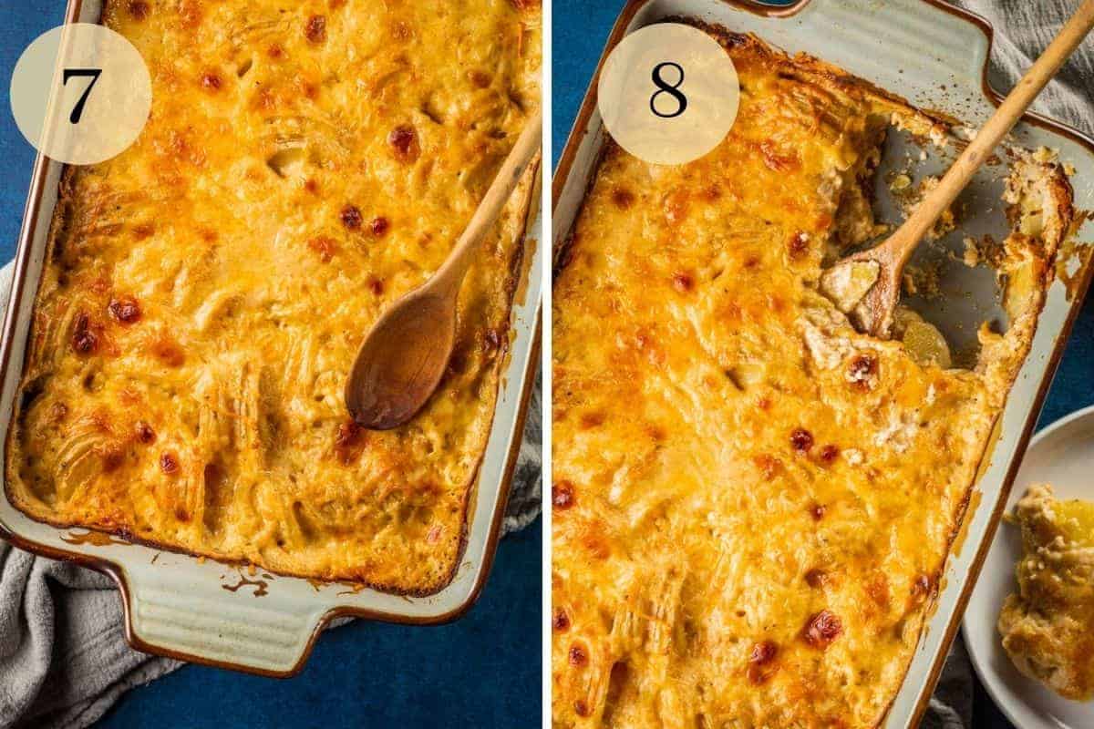pan of baked au gratin potatoes with cheese and a spoon scooping out a serving
