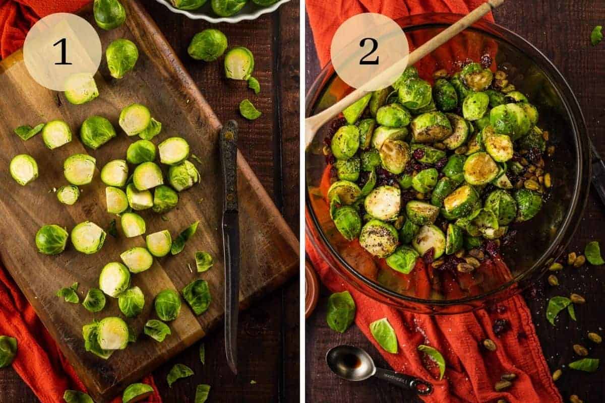 halved brussels sprouts on cutting board with knife and in bowl with balsamic, cranberries and pistachios