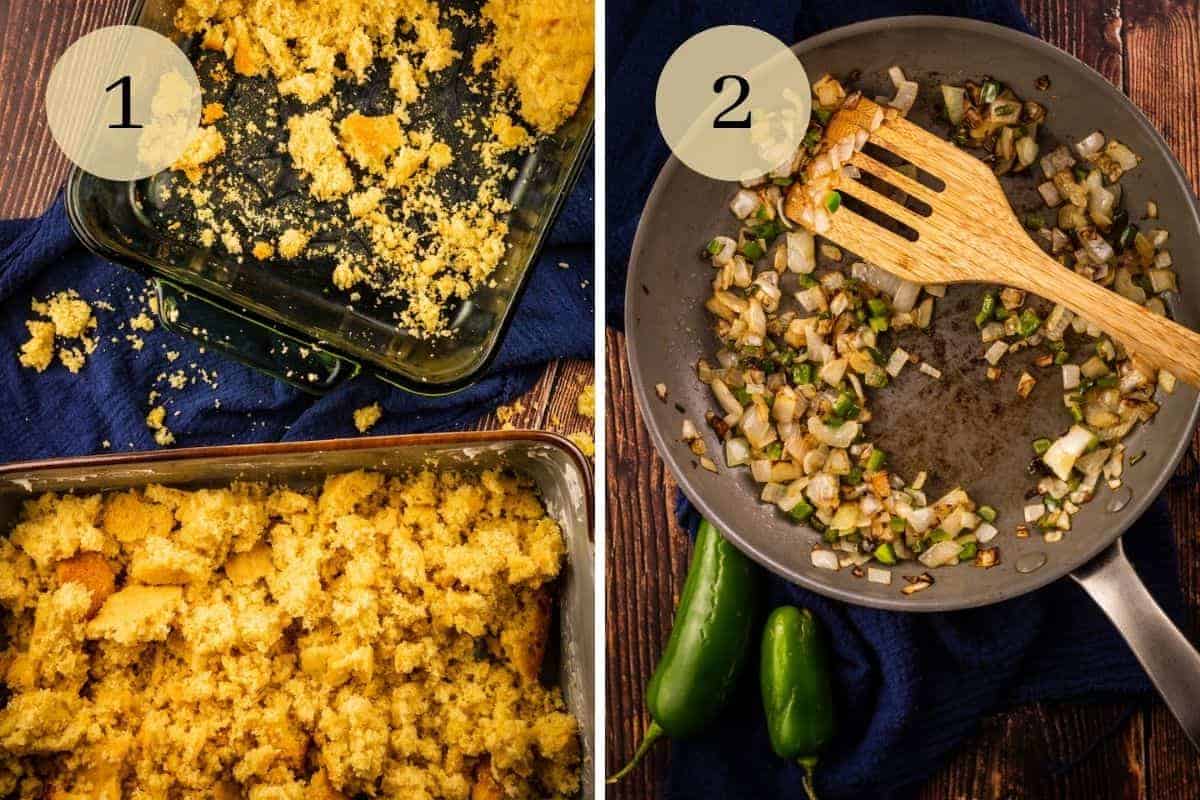 two baking dishes of baked cornbread and cornbread crumbles and skillet of cooked jalapeno and onion