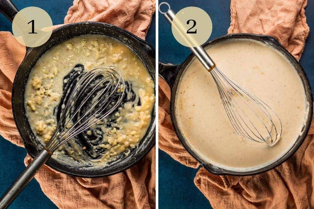 skillet with garlic, butter and flour mixed and skillet with whisk and cream sauce in it