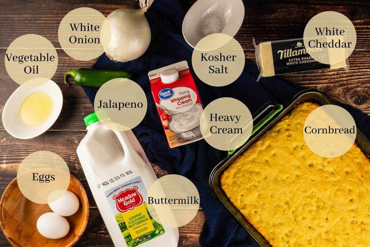 pan of cornbread, salt, oil, heavy cream, buttermilk, white cheddar, white onion, jalapeno and eggs