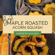 roasted acorn squash slices on a brown plate and halves of acorn squash