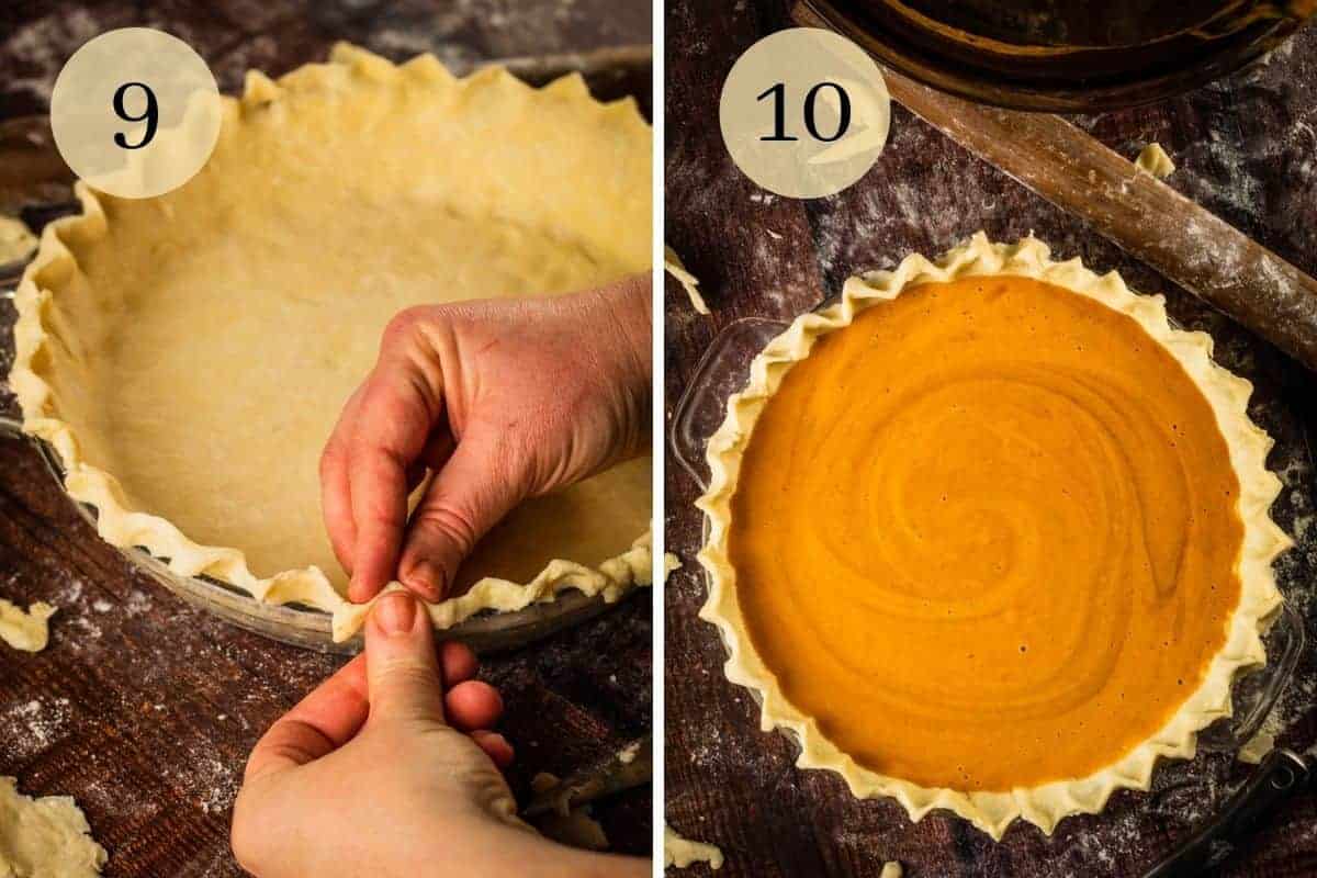 hands crimping pie dough crust edges and pumpkin pie filling in the prepared pie dough crust