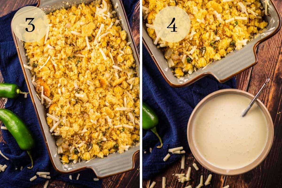 cornbread crumbles in a pan with cheese and jalapenos and bowl of cream mixture with whisk