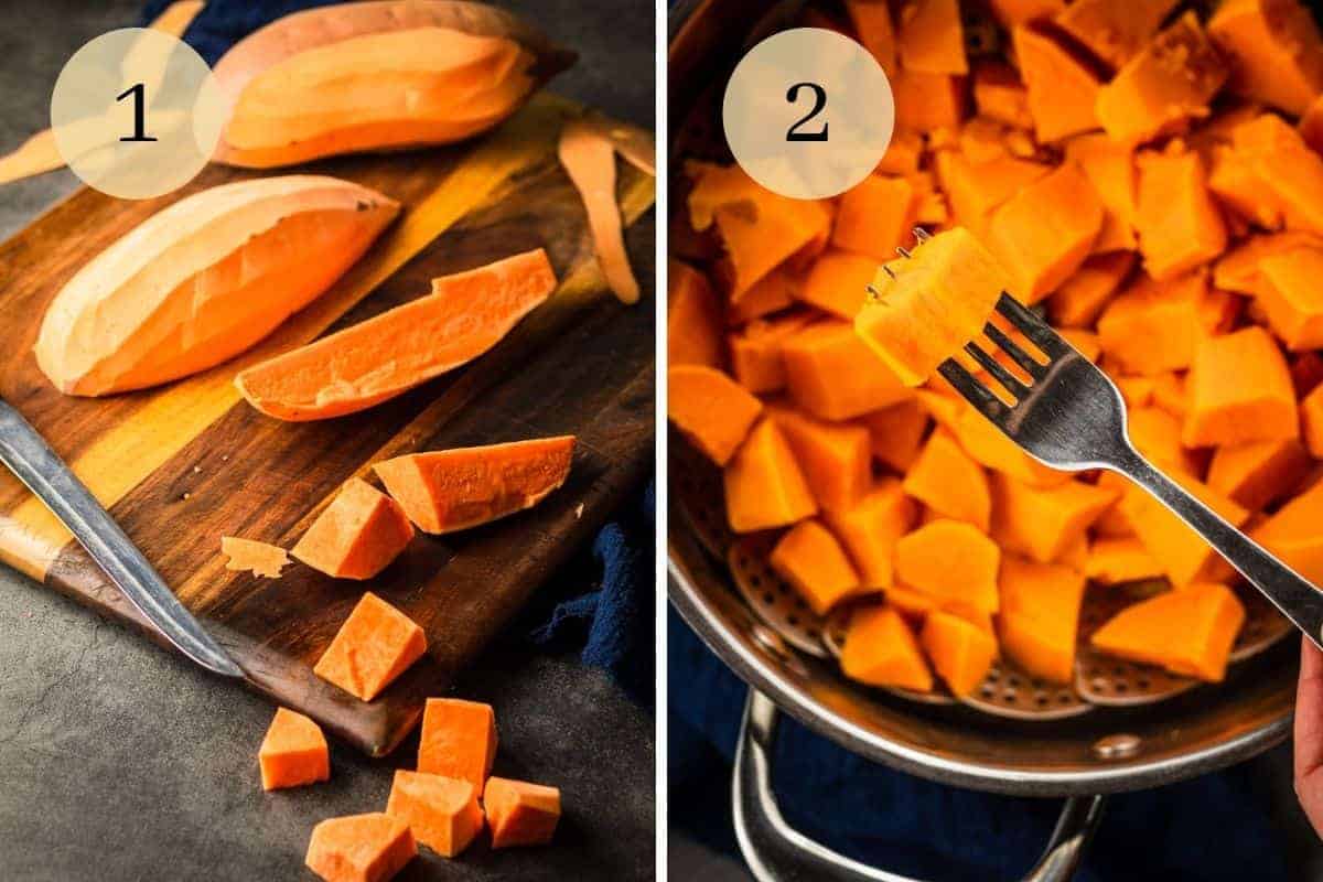 partially chopped sweet potatoes on a cutting board and steamed sweet potatoes in a bowl with fork
