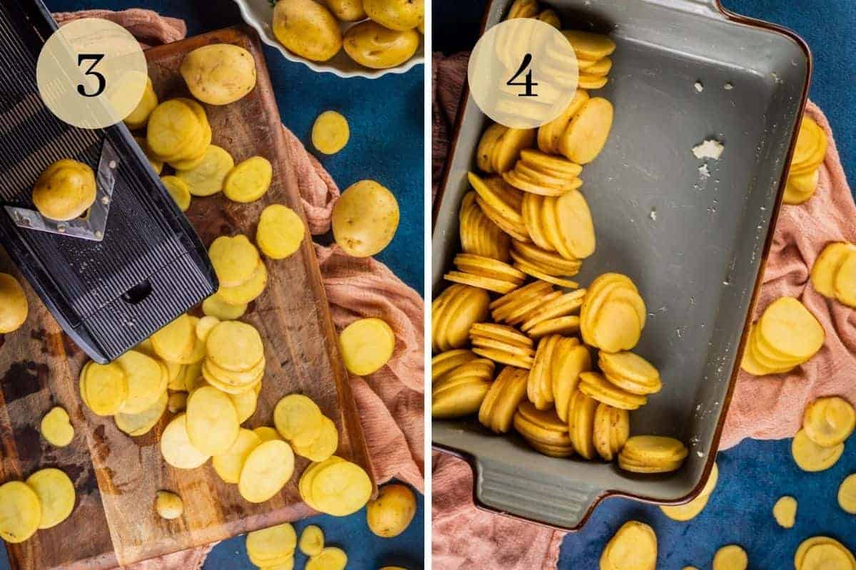 mandolin slicer with thinly sliced potatoes and potatoes slices stacked partially in a baking dish 