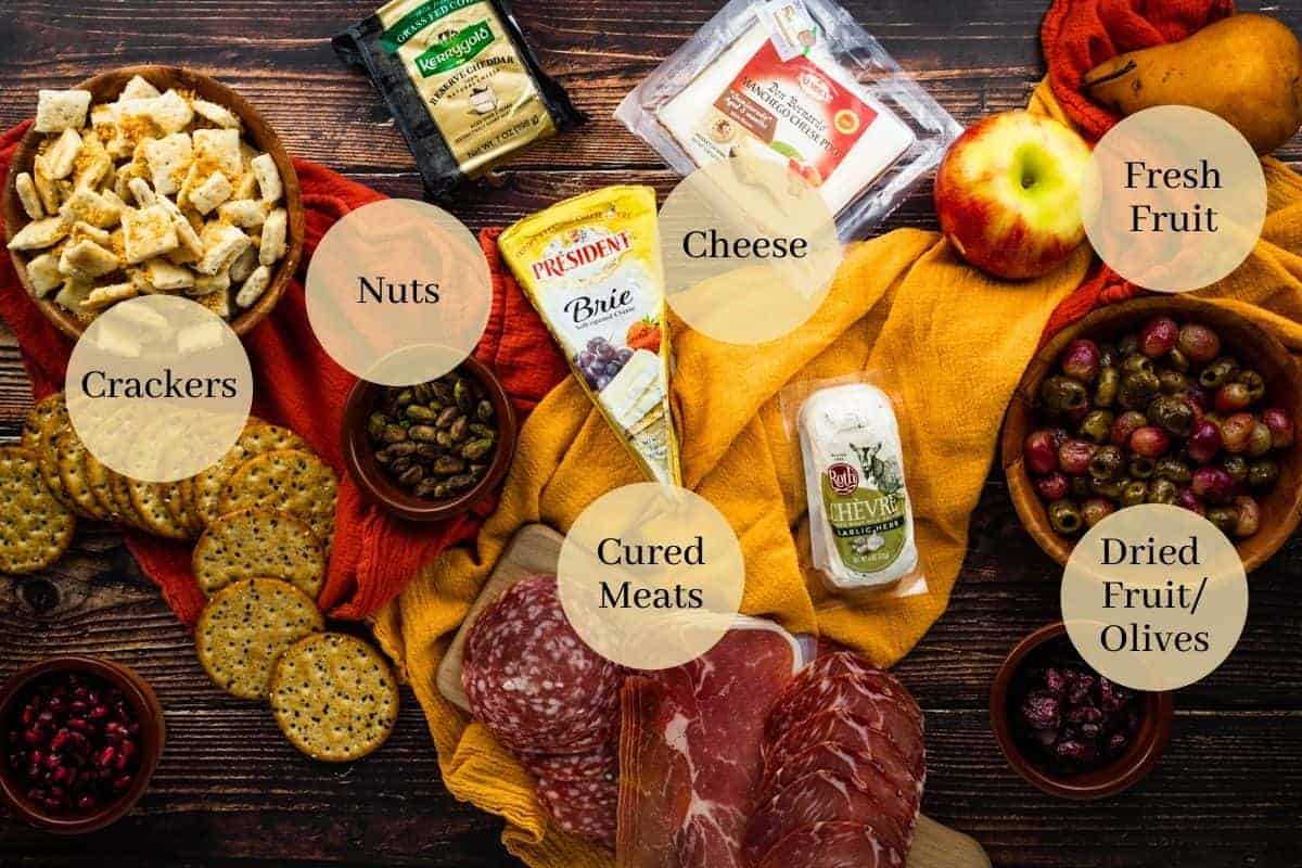 assorted meats, cheeses, nuts, crackers, grapes and olives, dried cranberries, pomegranate seeds, apple and pear