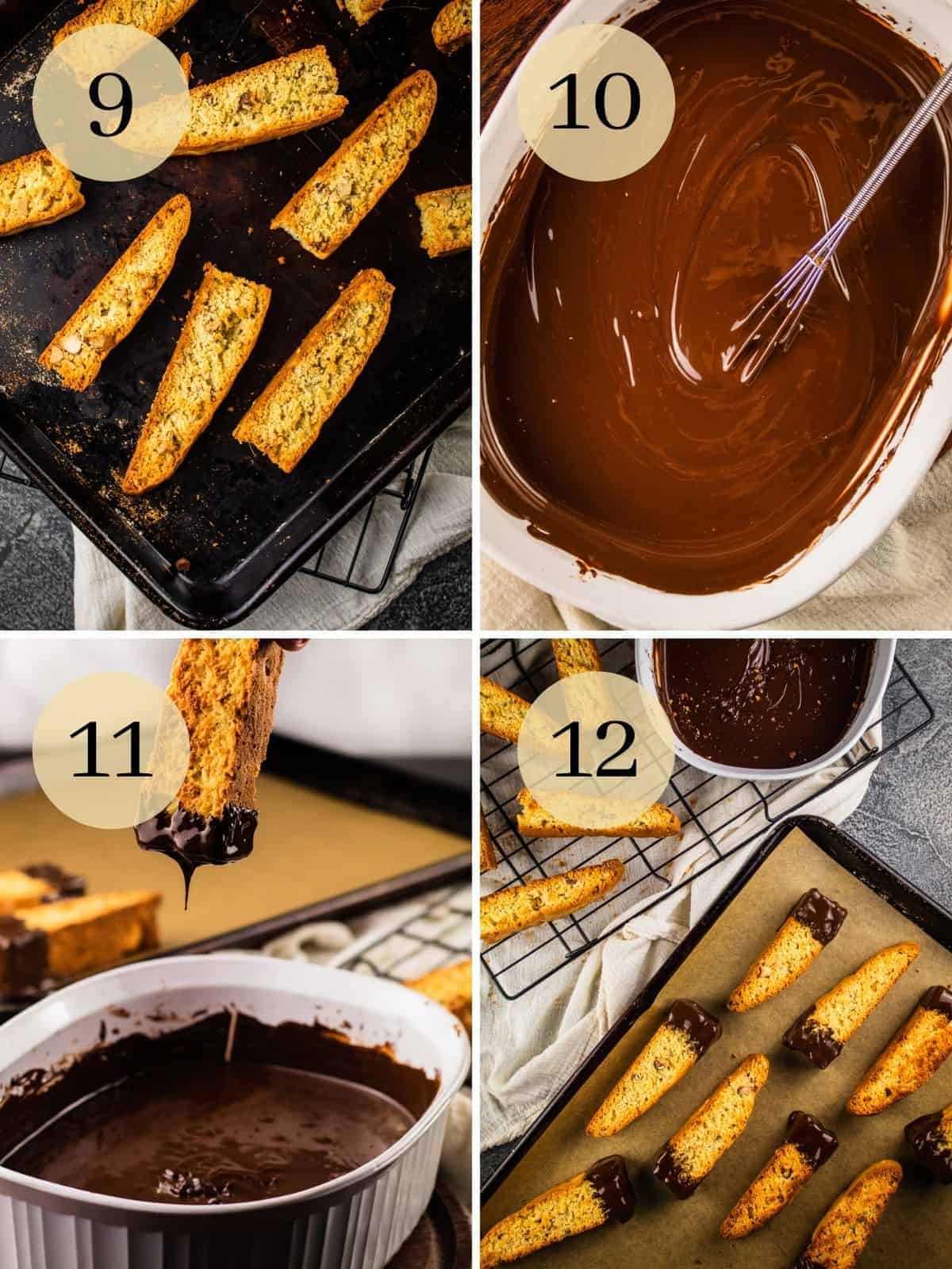 biscotti on sheet pan, melted chocolate, dipping biscotti in chocolate and biscotti drying on sheet pan
