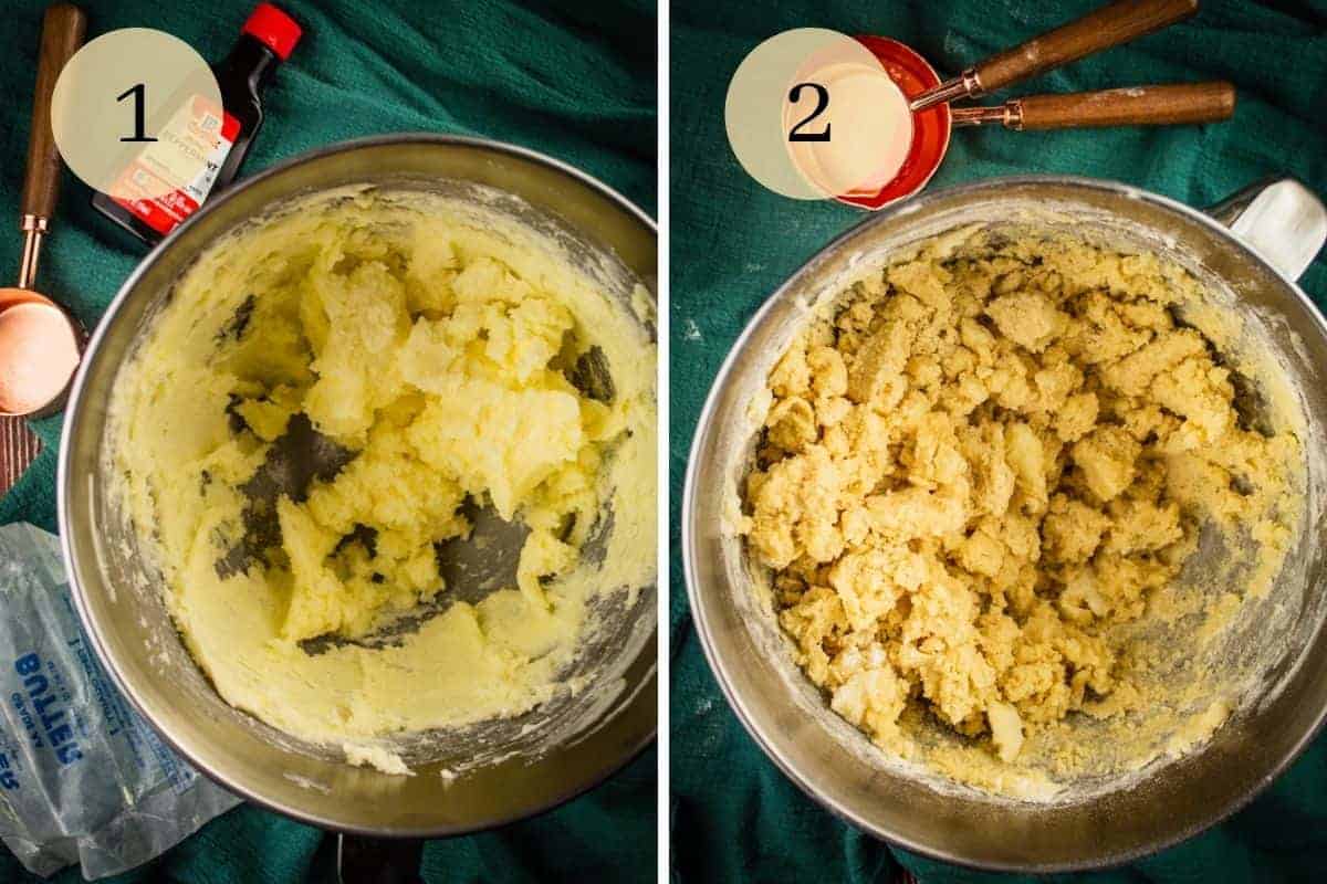 butter and sugar mixed in a bowl and finished shortbread cookie dough in a mixing bowl