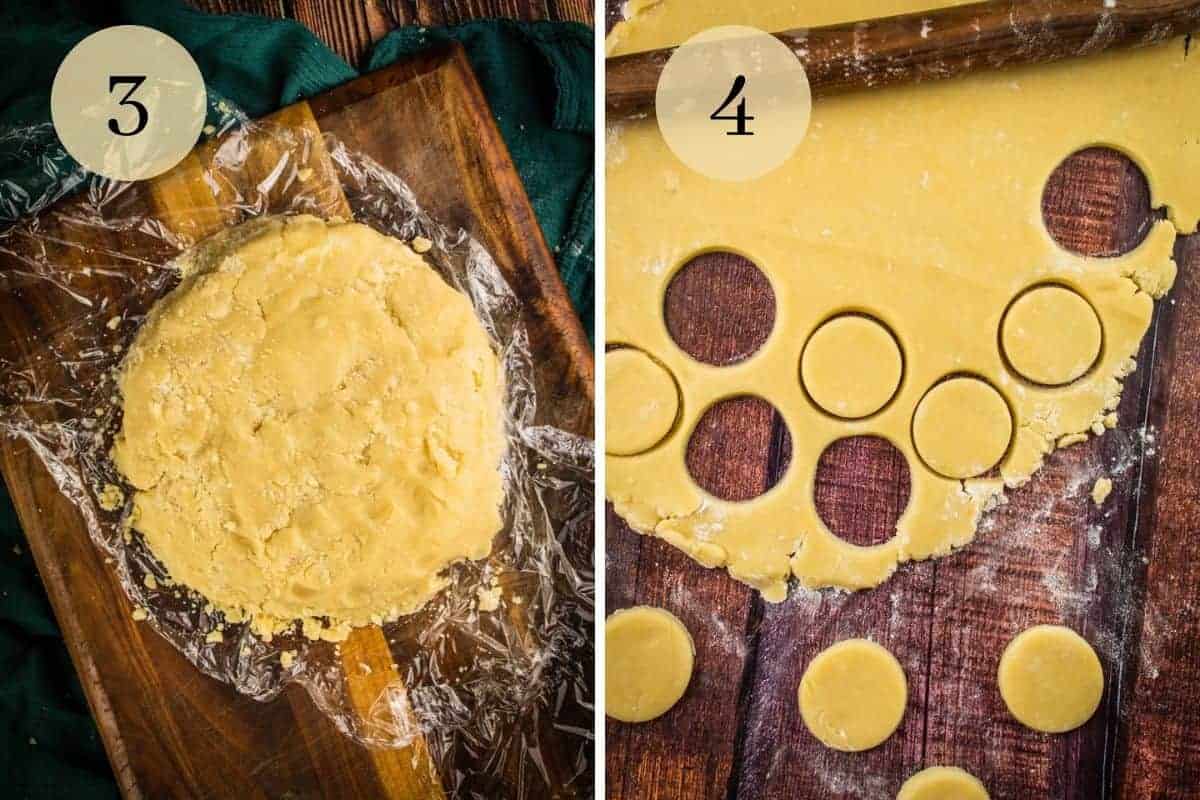 cookie dough in disc shape on plastic wrap and rolled out and cut out in circles