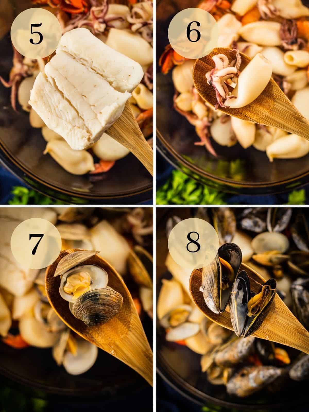 cooked halibut filet, cooked calamari, cooked clam and cooked mussel on a wooden spoon