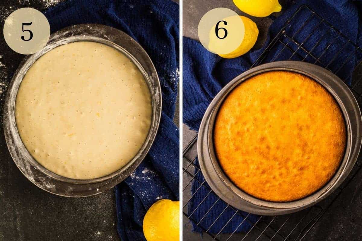 finished cake batter in a round floured pan and freshly baked olive oil cake 