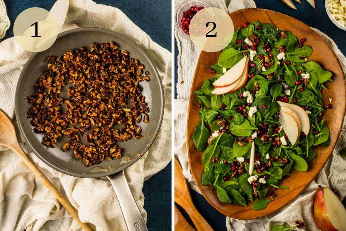 caramelized pecans in a pan and spinach mixed with pears, pomegranate, pecans and cheese on platter