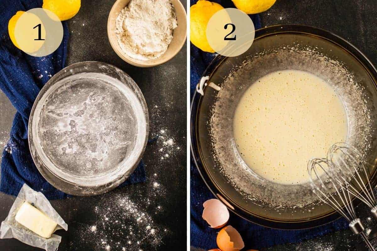 floured round cake pan and eggs and sugar mixed in a large brown glass bowl