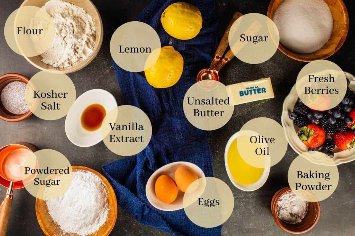 lemons, sugar, flour, baking powder, salt, powdered sugar, berries, olive oil, eggs and vanilla