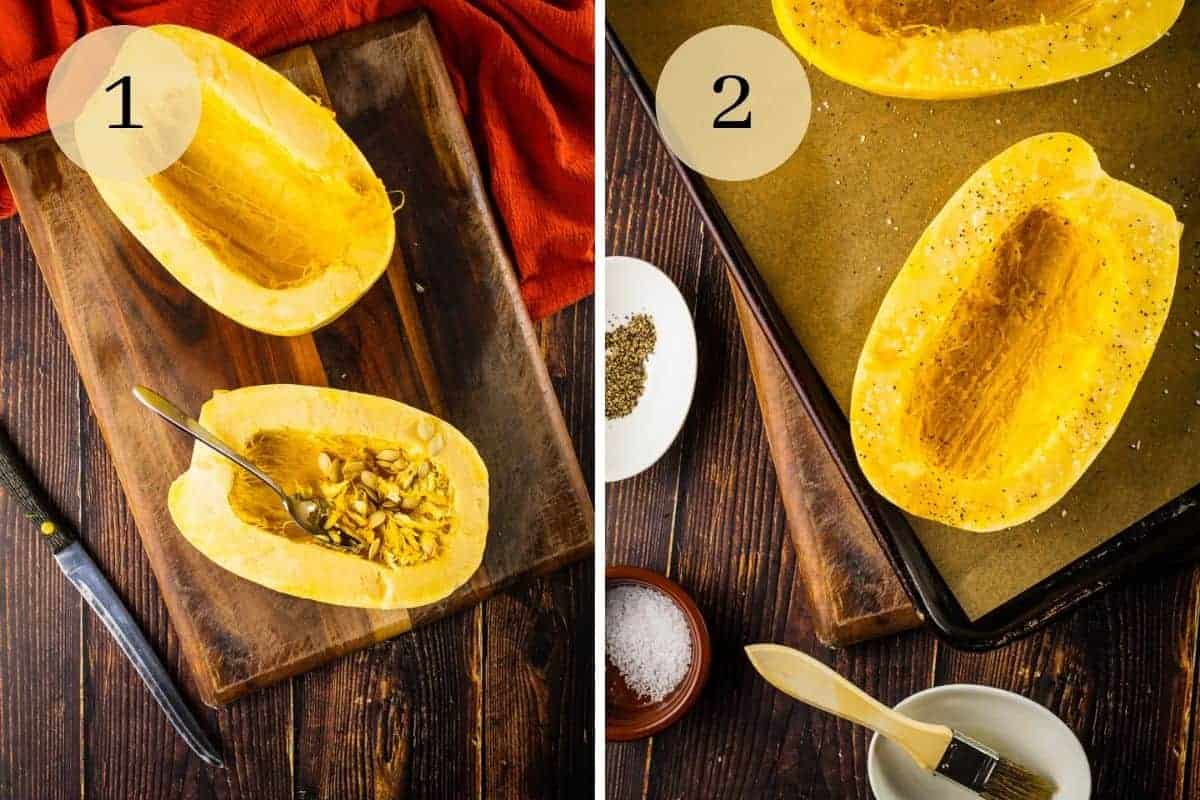 spaghetti squash halves with spoon scooping seeds out and seasoned with salt, pepper and oil