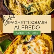 spaghetti squash alfredo in a pan and baked in the shell with mozzrella cheese