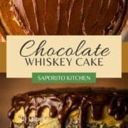 naked frosted layer chocolate whiskey cake with chocolate ganache dripping from the top