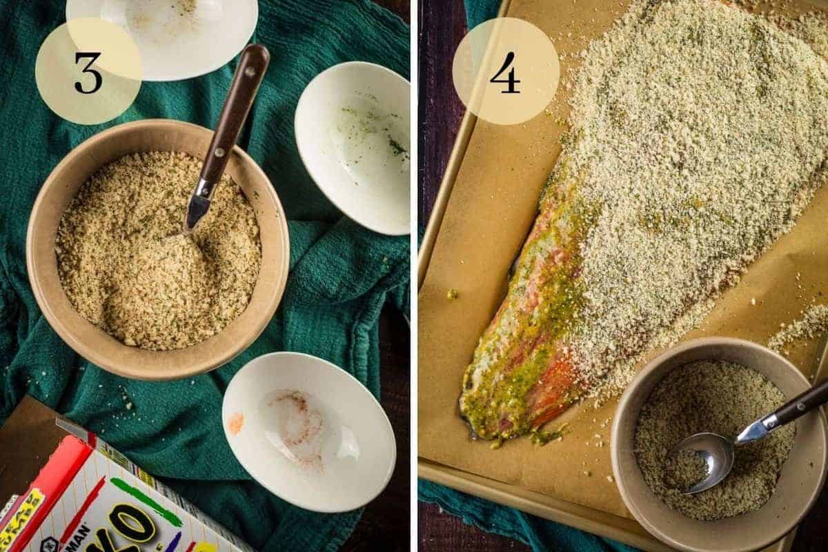 seasoned panko bread crumbs in a bowl and pressed on salmon filet covered in mustard sauce.