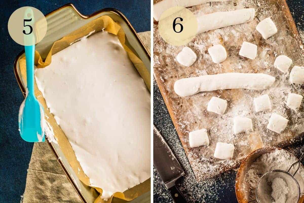 homemade marshmallow in a rectangle dish and cut into pieces with powdered sugar on cutting board