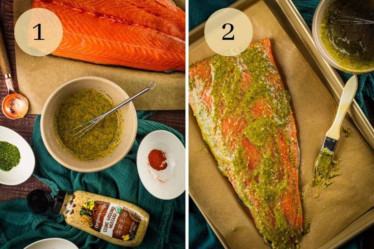 bowl of seasoned mustard in a bowl and mustard sauce on the salmon on sheet pan.