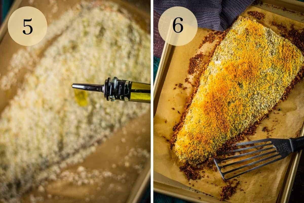 oil drizzling on breaded salmon filet and baked panko crusted salmon on a sheet pan.