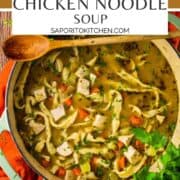 large pot of homemade chicken noodle soup with wooden spoon resting on the pot