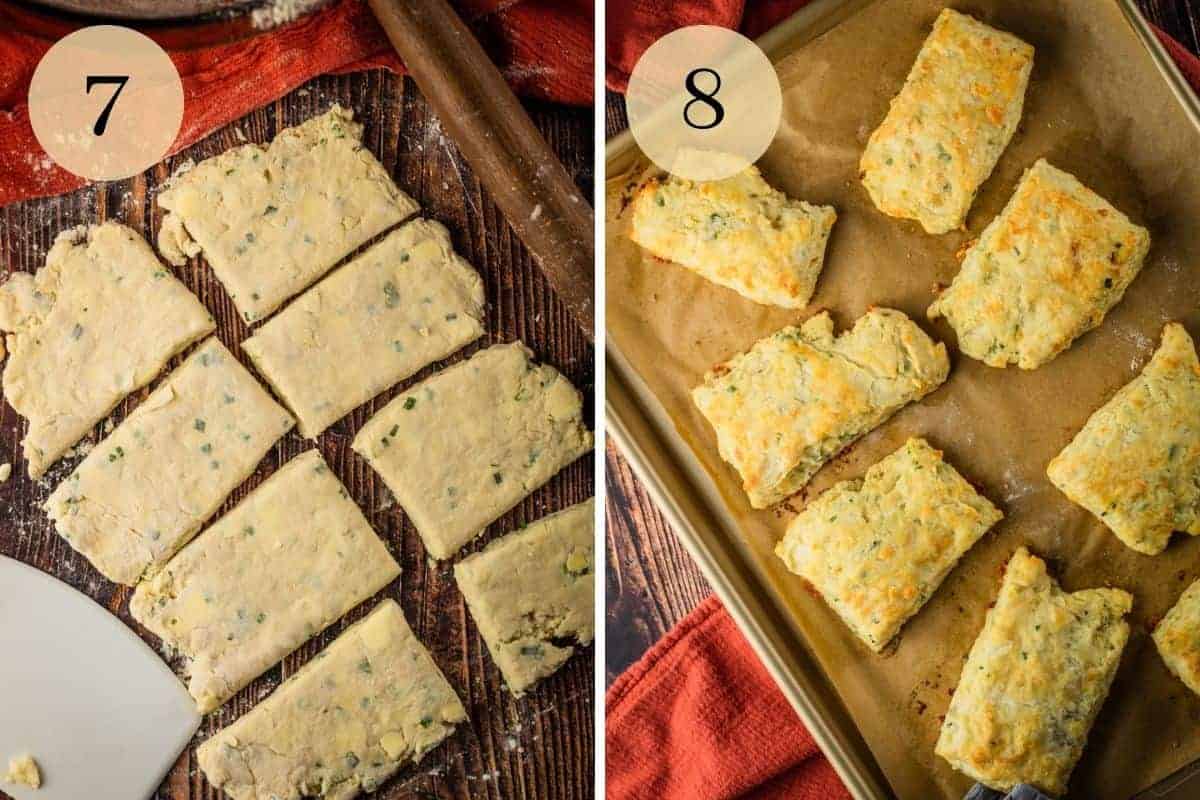 cut biscuit dough next to a rolling pin and baked biscuits on a sheet pan