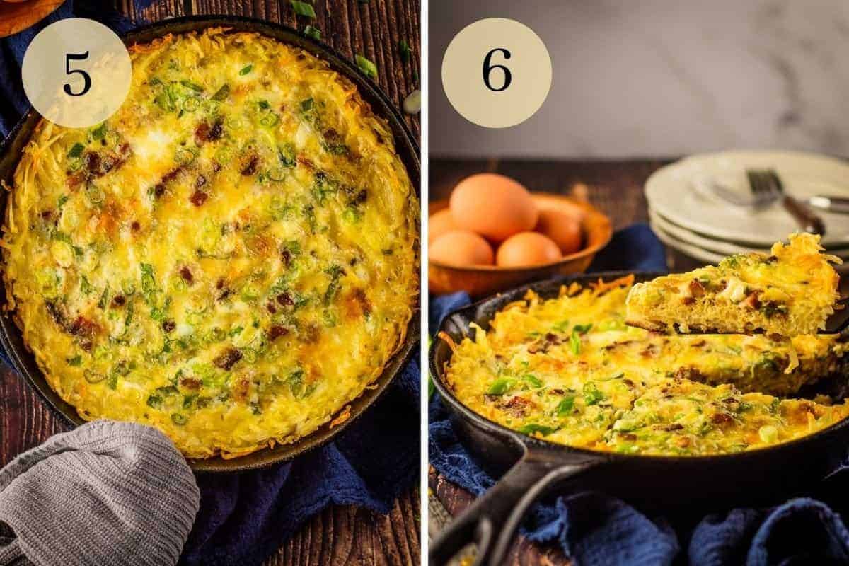baked quiche in a cast iron skillet and spatula holding a piece of quiche over skillet