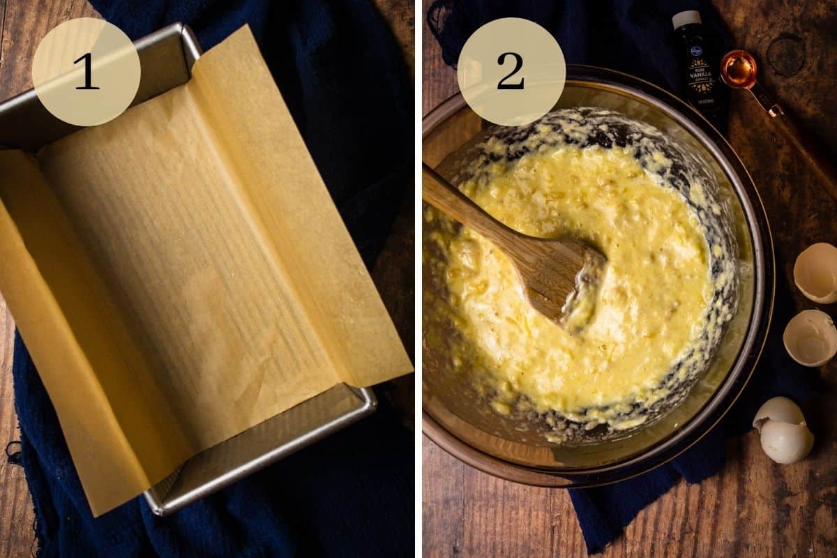loaf pan with parchment paper and mixing bowl with mashed banana batter and wooden spoon