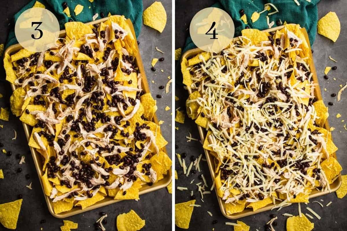black beans on shredded chicken and chips and shredded cheese layered on beans, chicken and chips