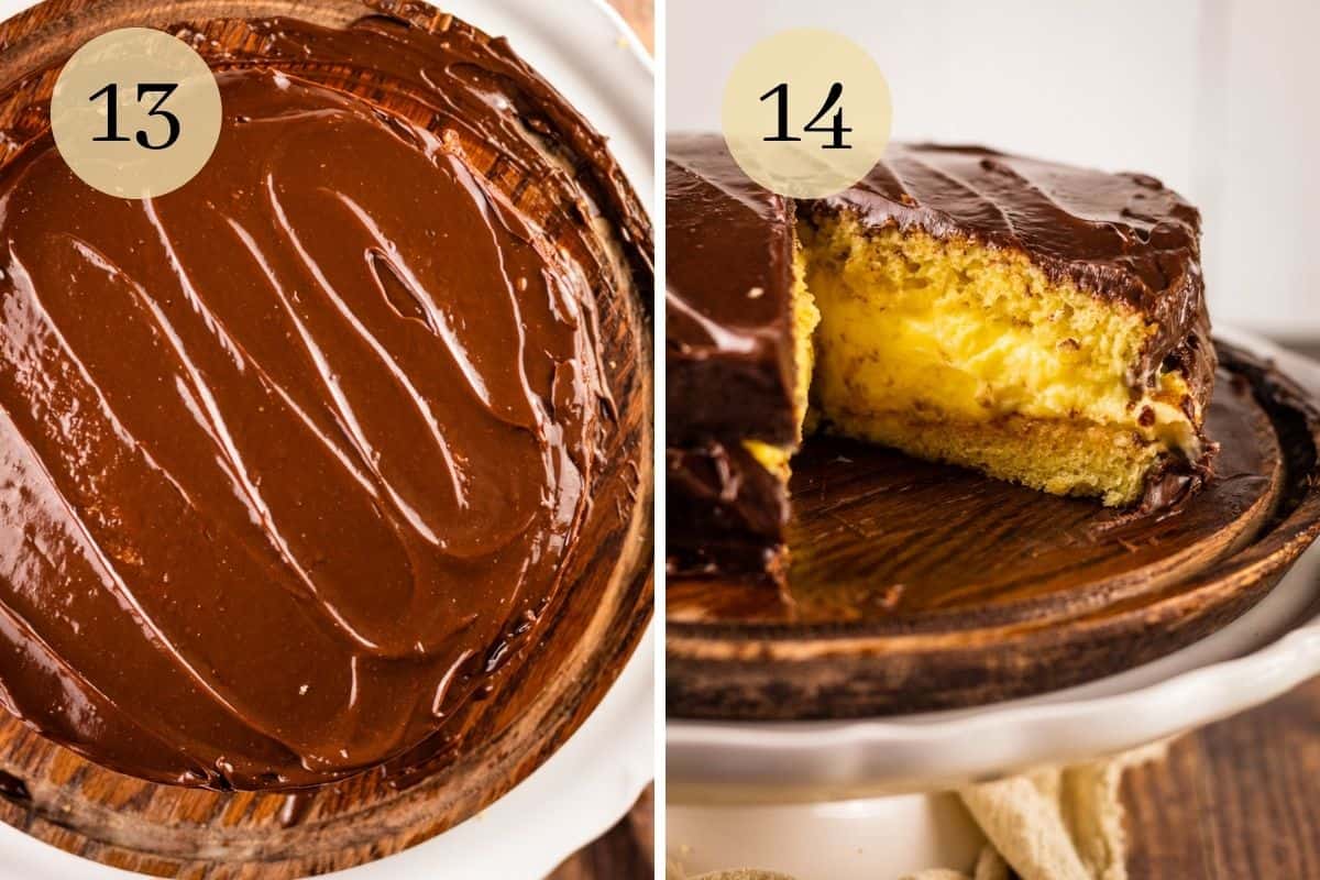 chocolate ganache spread on cake and a boston cream pie on cake stand with slice removed