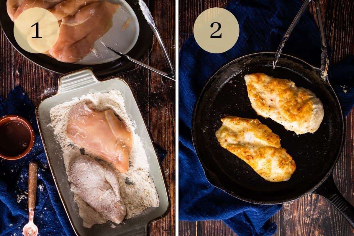 chicken in seasoned flour mixture and browned chicken in a cast iron skillet