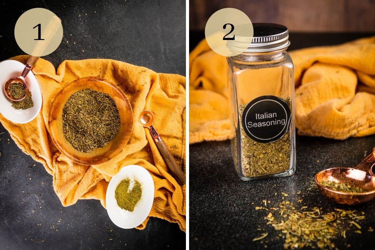 italian seasoning mix in a wooden bowl and a clear spice jar with measuring spoons.