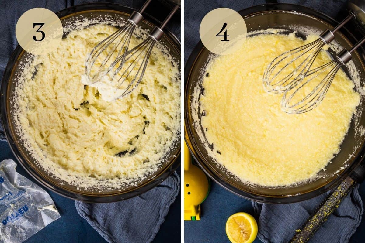 ricotta, butter and sugar mixed in a bowl and mixed ricotta cake batter with lemon.