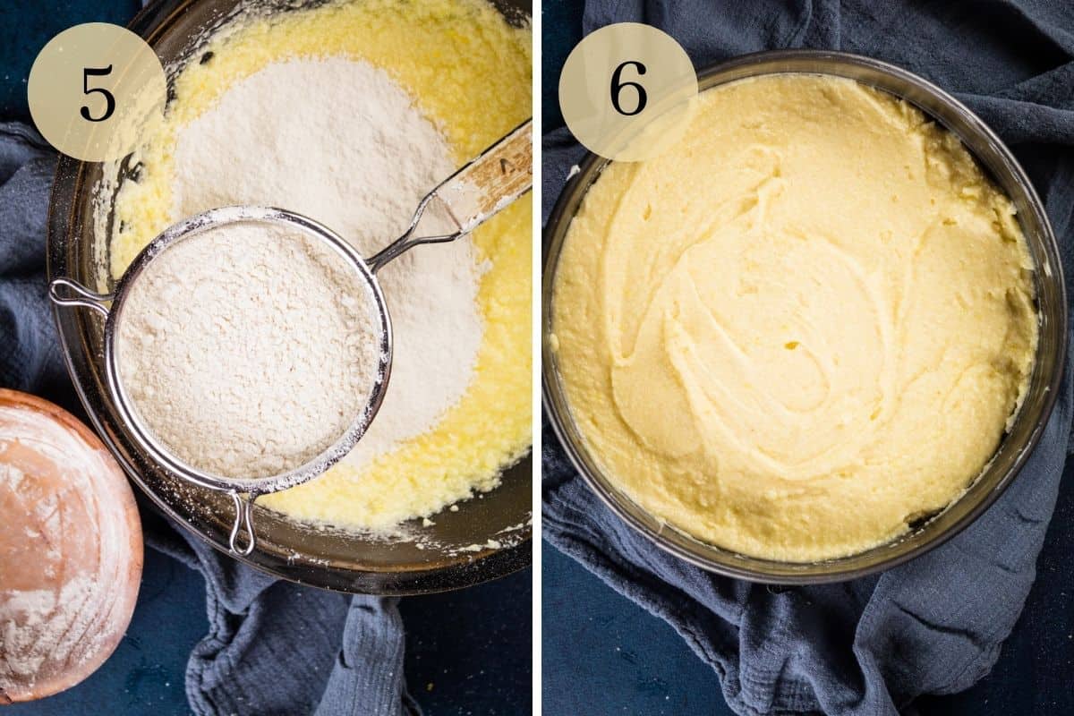 dry ingredients sifted into cake batter and finished cake batter in a springform pan.