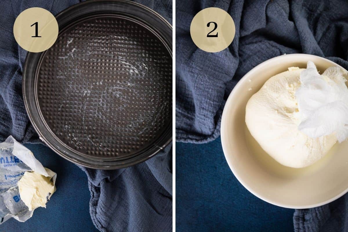 buttered springform pan and ricotta cheese straining in a cheesecloth in a bowl.
