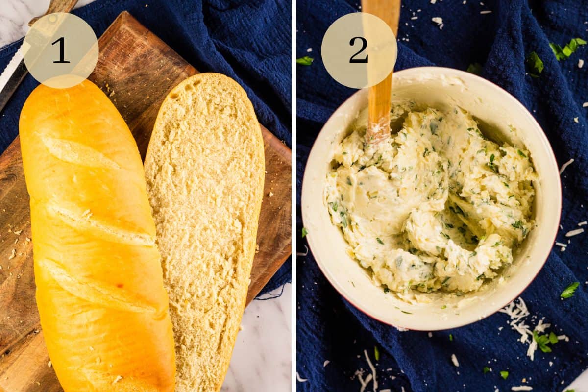 Italian bread sliced in half and a bowl with butter, garlic, herb and cheese mixture.
