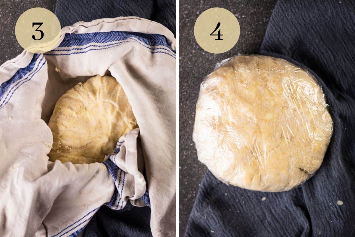 pie dough wrapped up in a towel and then wrapped in disc shape in plastic wrap.