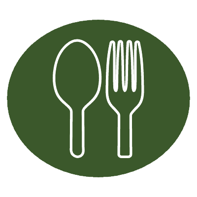 green oval with a spoon and fork outlined in white.