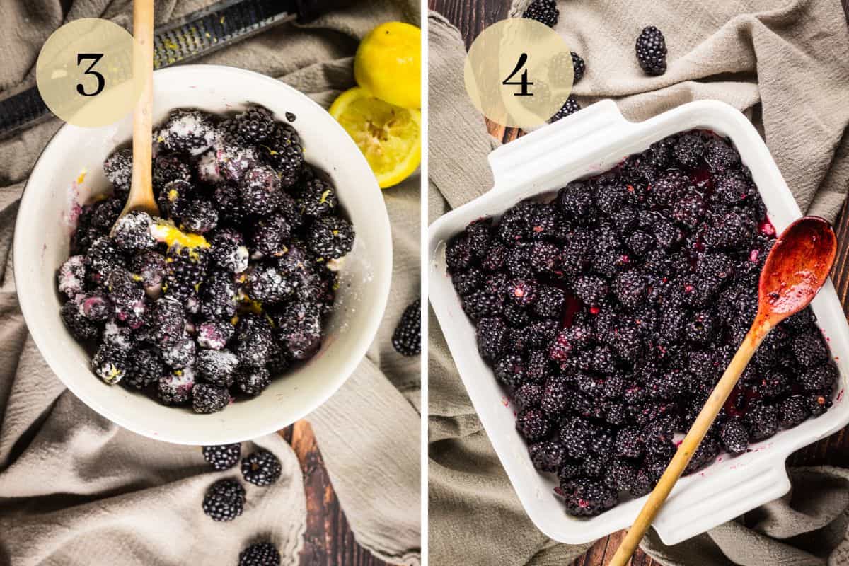 blackberries mixed with sugar, cornstarch, lemon juice and lemon zest and blackberry filling in baking dish.