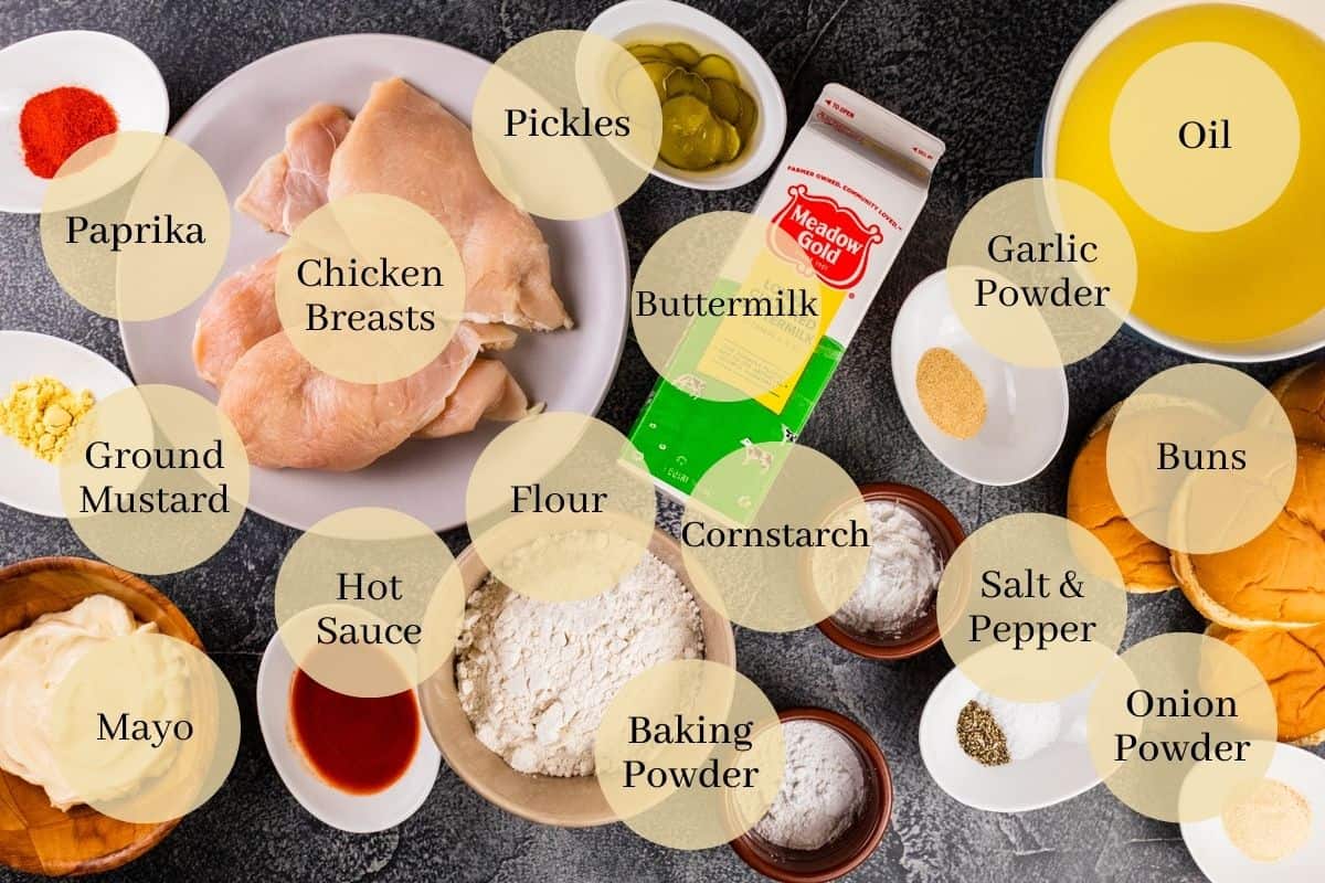 chicken, buttermilk, hot sauce, pickles, oil, flour, baking powder, cornstarch, spices and hamburger buns.